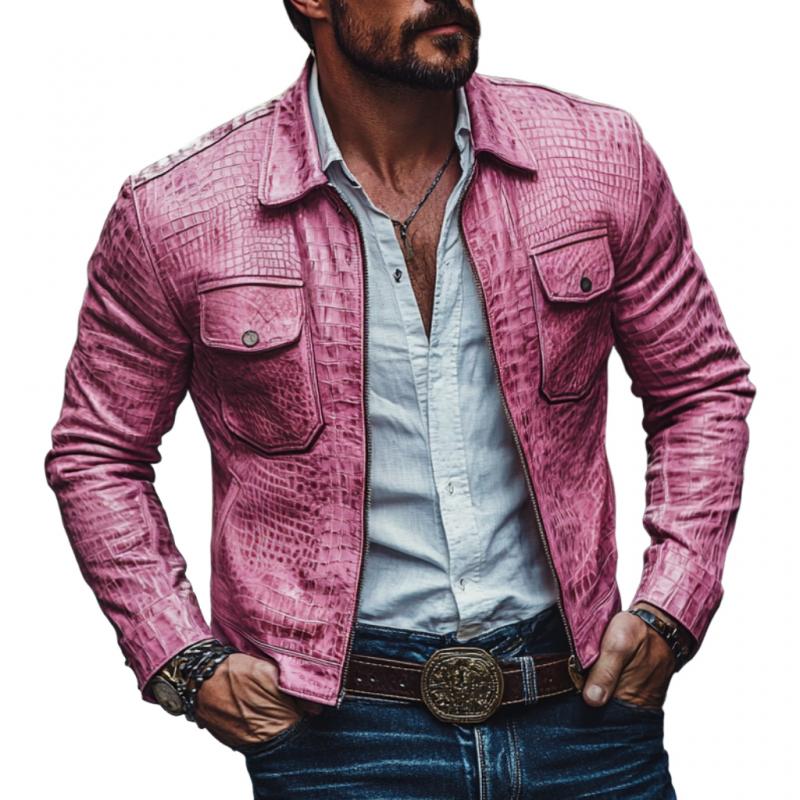 Men's Vintage Crocodile Leather Lapel Zipper Slim Jacket 9887360450744