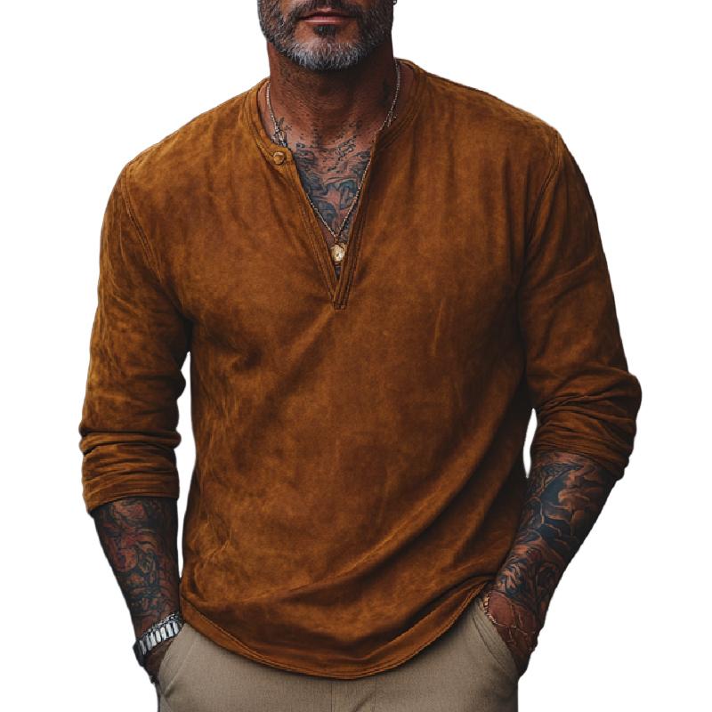 Men's Retro V-neck Air Layer Suede Long Sleeve T-shirt 9272244469944