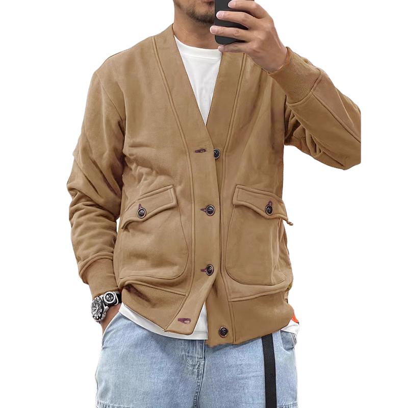 Men's Casual Fleece V-neck Single-breasted Large Pocket Loose Jacket 9261092602040