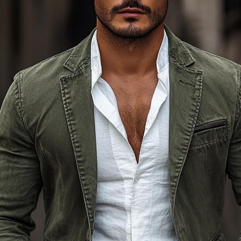 Men's Vintage Cotton Washed Notch Lapel Zipper Chest Pocket Two Buttons Casual Blazer 9877217345720
