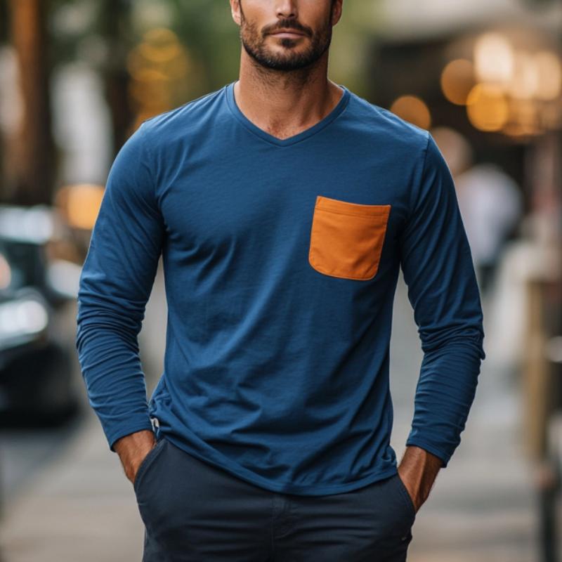 Men's Classic Casual V-Neck Cotton Long Sleeve T-Shirt 9882787381432