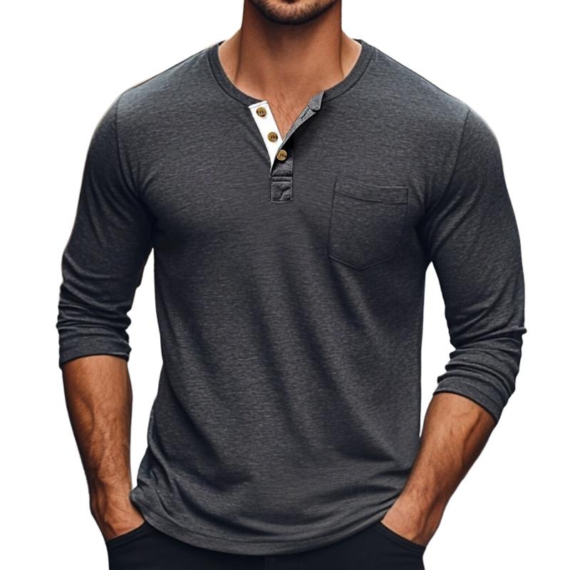 Men's Solid Color Button Round Neck Long Sleeve T-Shirt 9261142900920