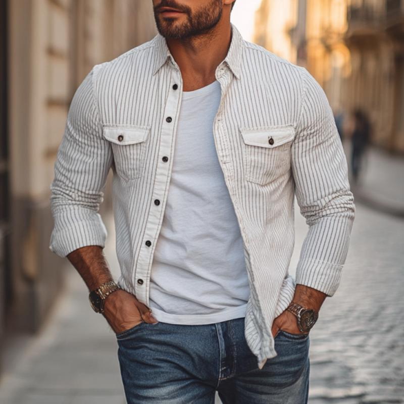 Men's Fashion Striped Lapel Long Sleeve Cargo Shirt 9260833898680