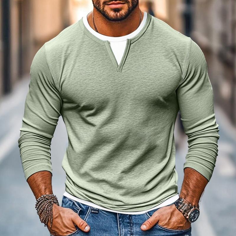 Men's Casual Color Matching Fake Two-Piece Double-Layer V-Neck Long-Sleeved T-Shirt 9268189003960