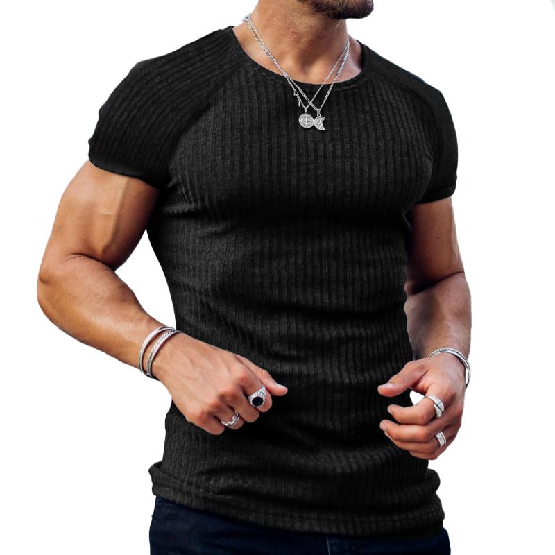 Men's Solid Striped Round Neck Short Sleeve Casual Sports T-shirt 9261139001528