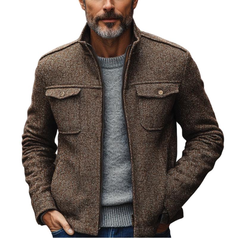 Men's Vintage Herringbone Stand Collar Double Chest Pockets Thin Jacket 9877217509560