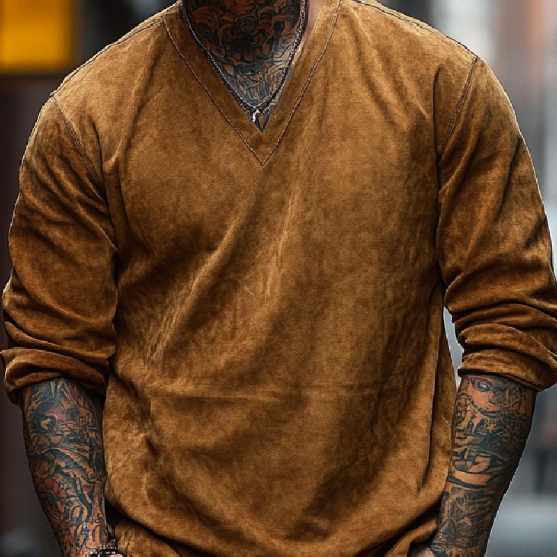 Men's Retro V-neck Long Sleeve Air Layer Suede T-shirt 9873519706296