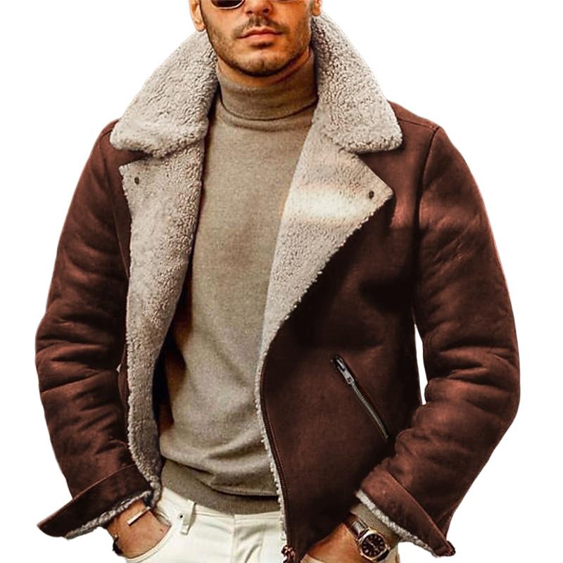 Men's Solid Lapel Plush Zip-Up Jacket 9261091684536