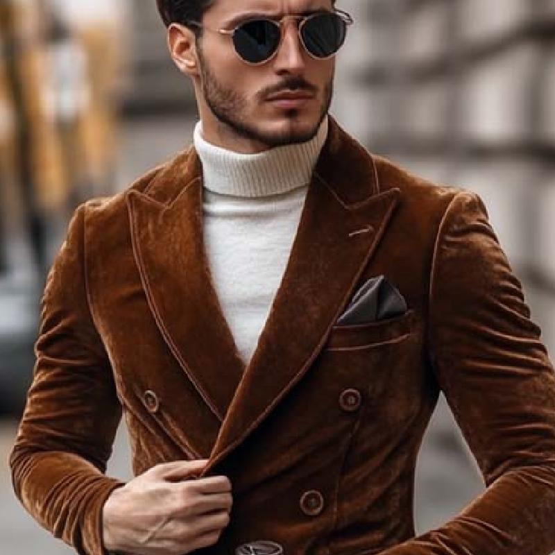 Men's Classic Vintage Double Breasted Slim Fit Velvet Blazer 9271925407928