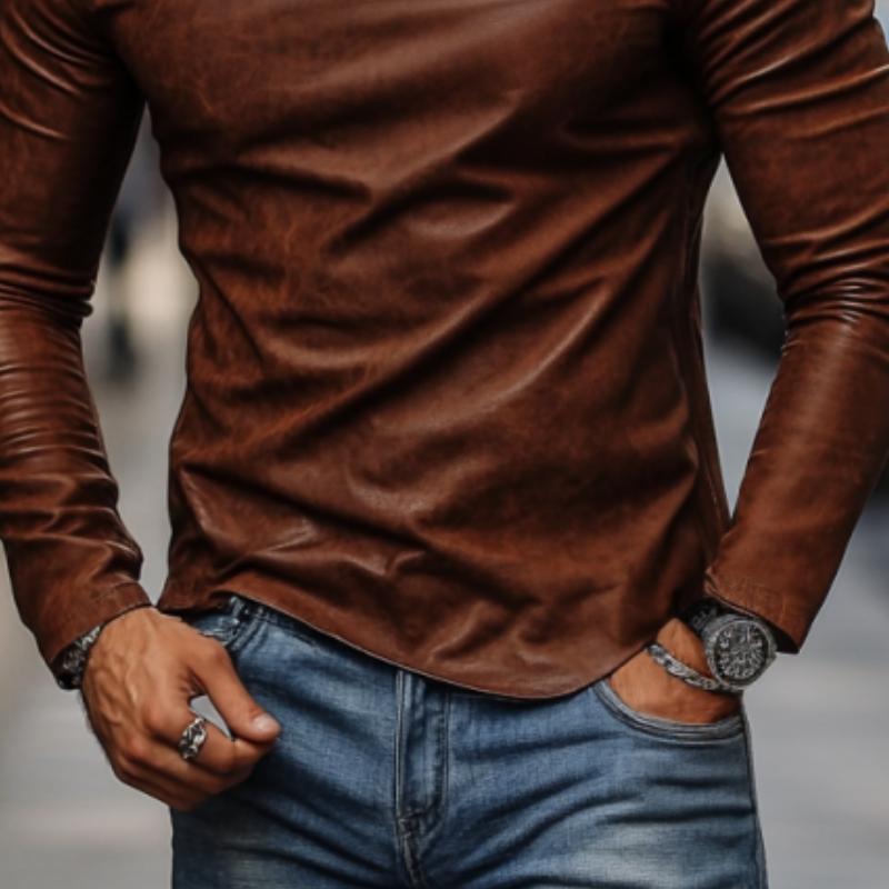 Men's Casual Fashionable Round Collar Slim Fit Leather Long Sleeve T-shirt 9885322346680