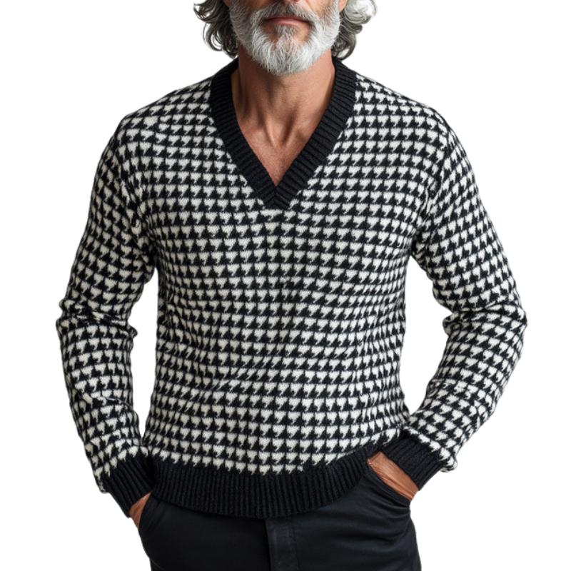 Men's Vintage Houndstooth Jacquard V Neck Sweater 9262184464568