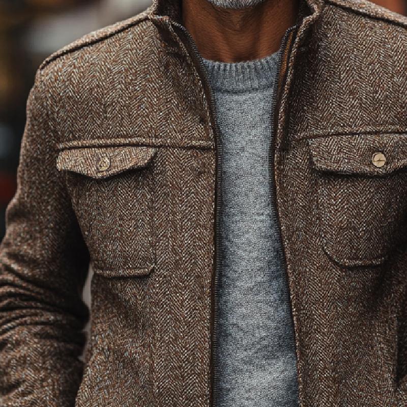 Men's Vintage Herringbone Stand Collar Double Chest Pockets Thin Jacket 9877217509560