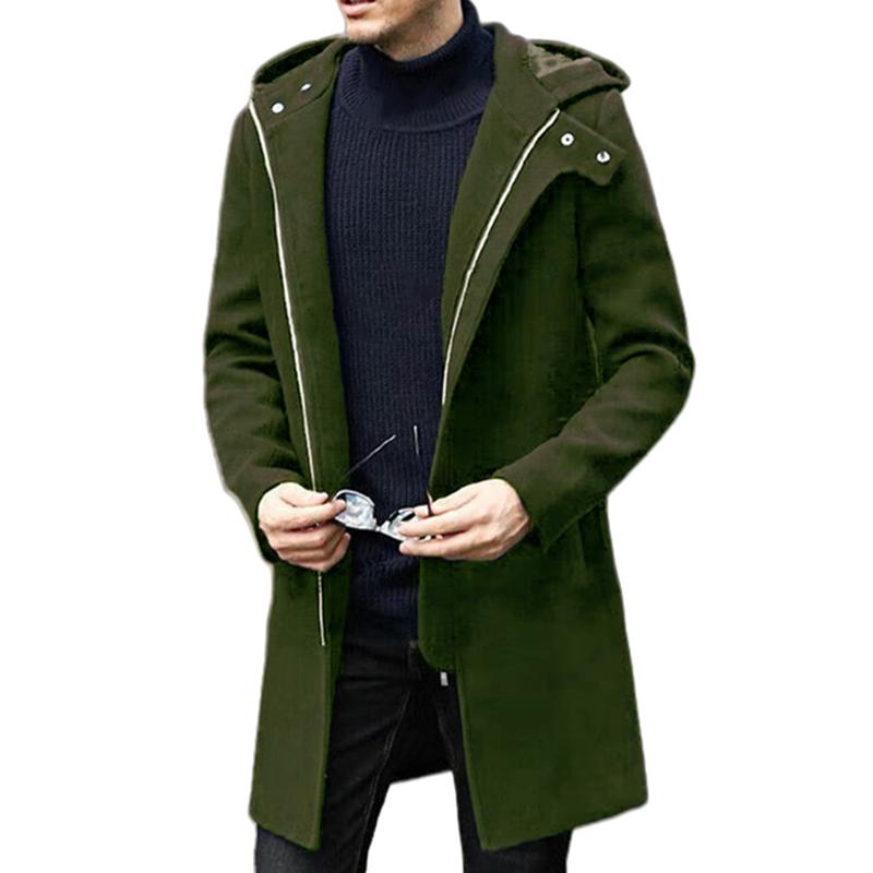 Men's Fashion Solid Color Hooded Zipper Mid-length Coat 9261105086648