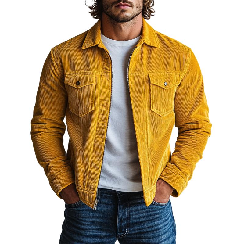 Men's Fashion Corduroy Lapel Double Chest Pockets Jacket 9886816501944