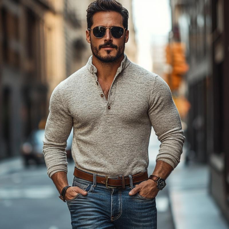 Men's Casual Cotton Blend Henley Collar Slim Fit Long Sleeve T-Shirt 9272244371640