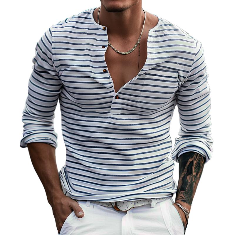 Men's Striped Henley Collar Long Sleeve Casual T-shirt 9261117341880