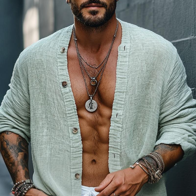 Men's Fashion Solid Color Collarless Long Sleeve Loose Shirt 9886819057848