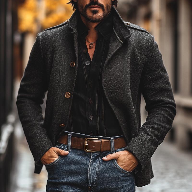 Men's Vintage Wool Blended Stand Collar Single Breasted Loose Blazer 9873134616760