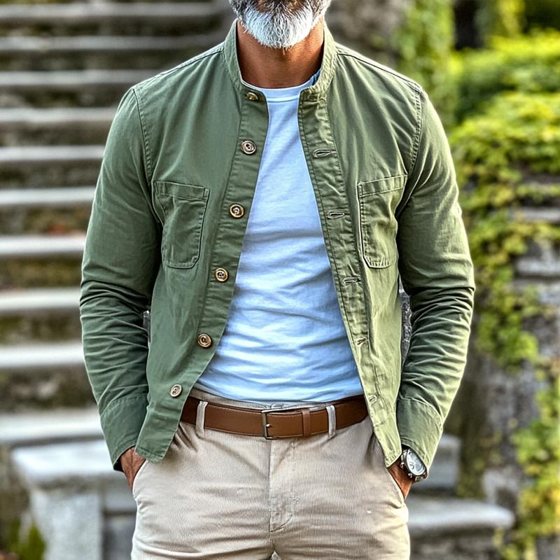 Men's Retro Solid Color Stand Collar Chest Pocket Single Breasted Cargo Jacket 9267506872504
