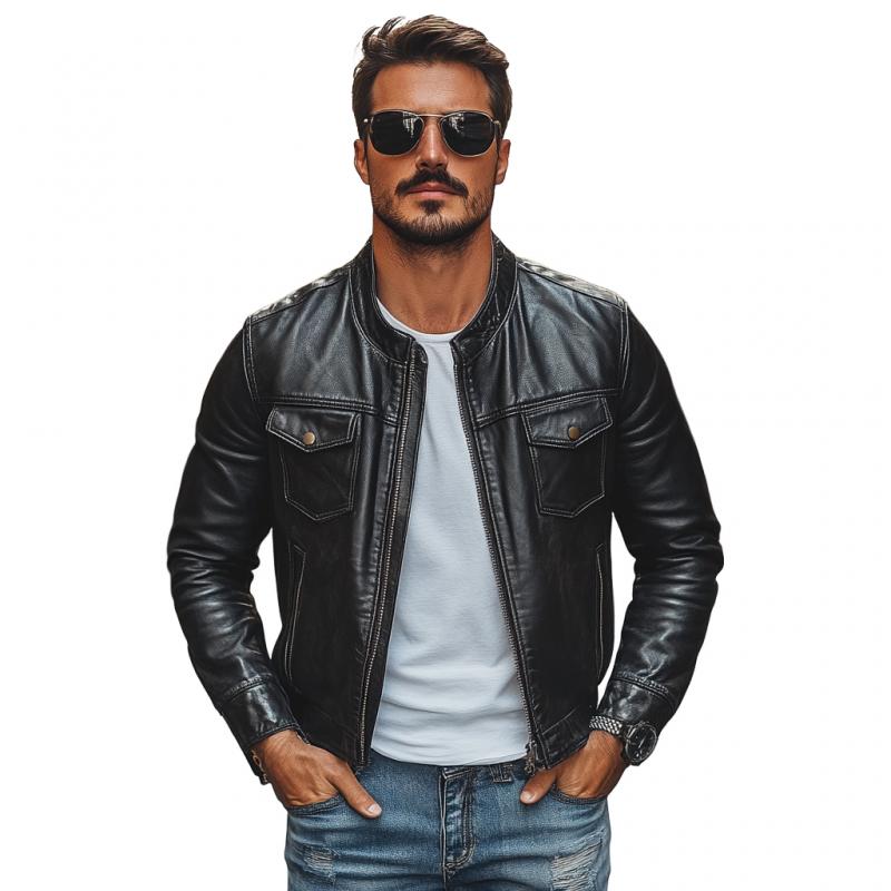 Men's Vintage Leather Stand Collar Zip-Up Jacket 9272243486904