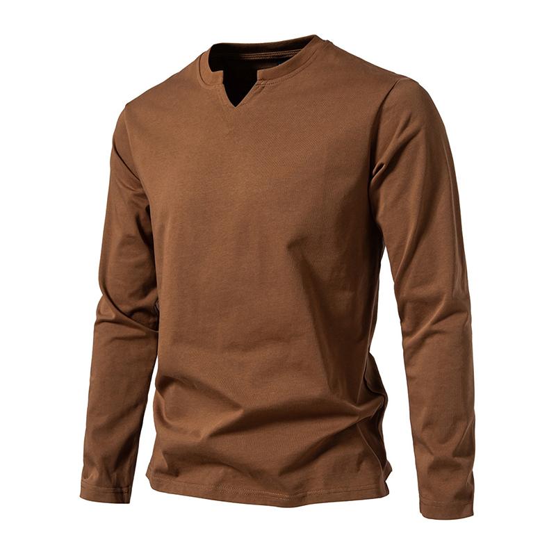 Men's Solid Color Cotton V Neck Long Sleeve Casual T-shirt 9261139656888