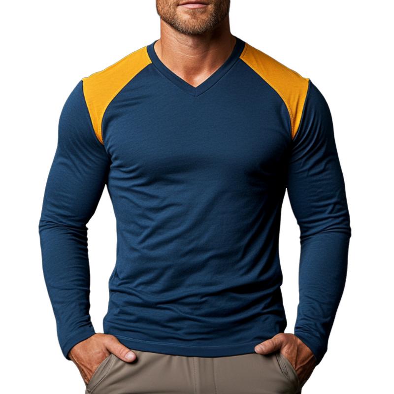 Men's Casual V-neck Contrast Color Long-sleeved T-shirt 9261140574392