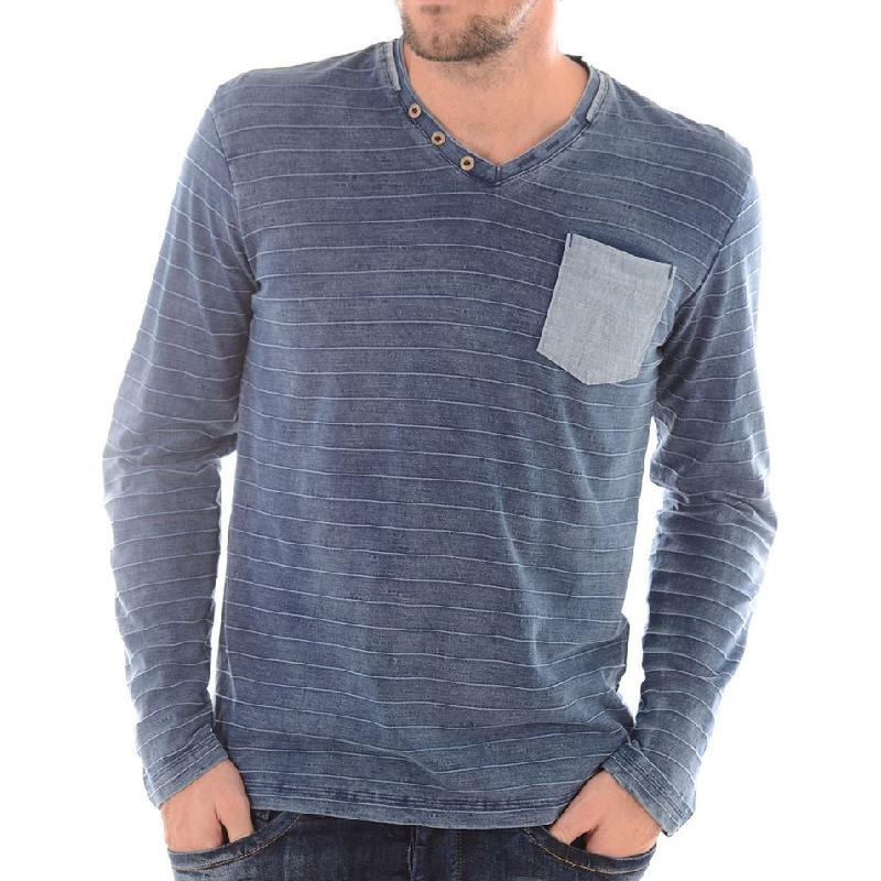 Men's Casual V-neck Digital Stripe Printed Long Sleeve T-shirt 9268188709048