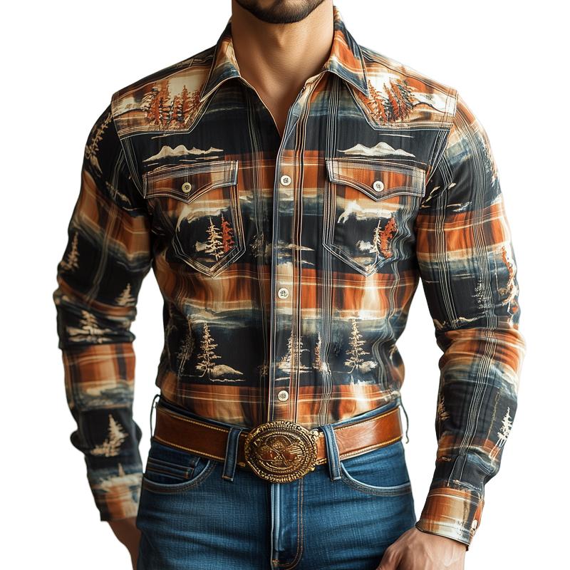 Men's Western Style Graphic Lapel Chest Pocket Long Sleeve Shirt 9877216985272