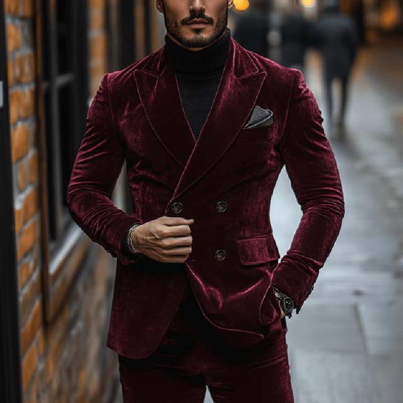 Men's Classic Vintage Double Breasted Slim Fit Velvet Blazer 9271925244088