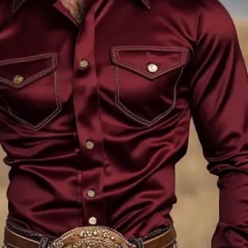 Men's Western Vintage Satin Double Chest Pocket Slim Fit Long Sleeve Shirt 9882786365624