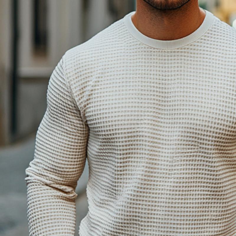 Men's Retro Casual Solid Color Waffle Round Neck Long Sleeve T-Shirt 9879659184312