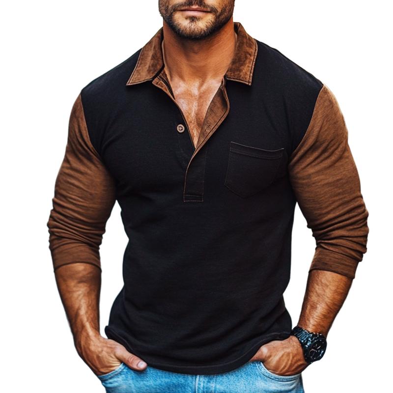 Men's Retro Casual Colorblock Lapel Long Sleeve T-Shirt 9261141655736