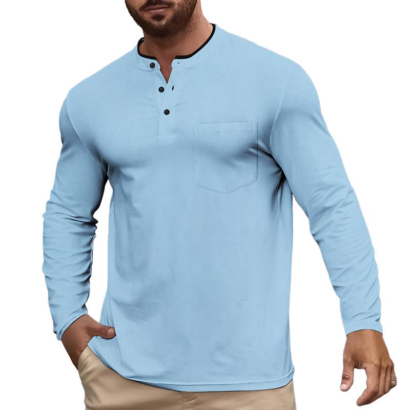 Men's Solid Color Henley Collar Chest Pocket Long Sleeve Casual T-shirt 9261135003832