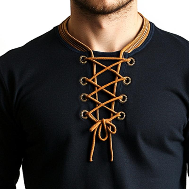 Men's Retro Casual Solid Color Lace-up Long Sleeve T-shirt 9877216297144