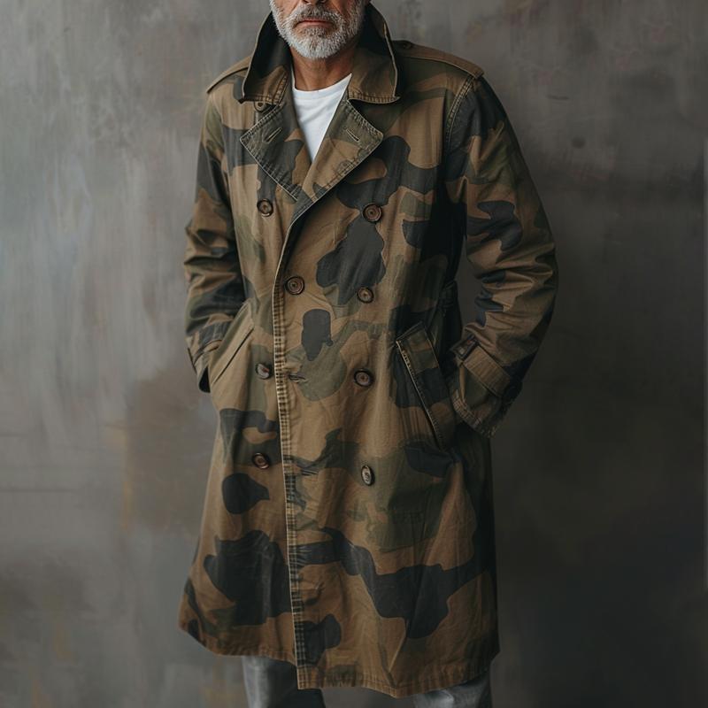 Men's Camouflage Lapel Double Breasted Mid-length Cargo Trench Coat 9261100892344
