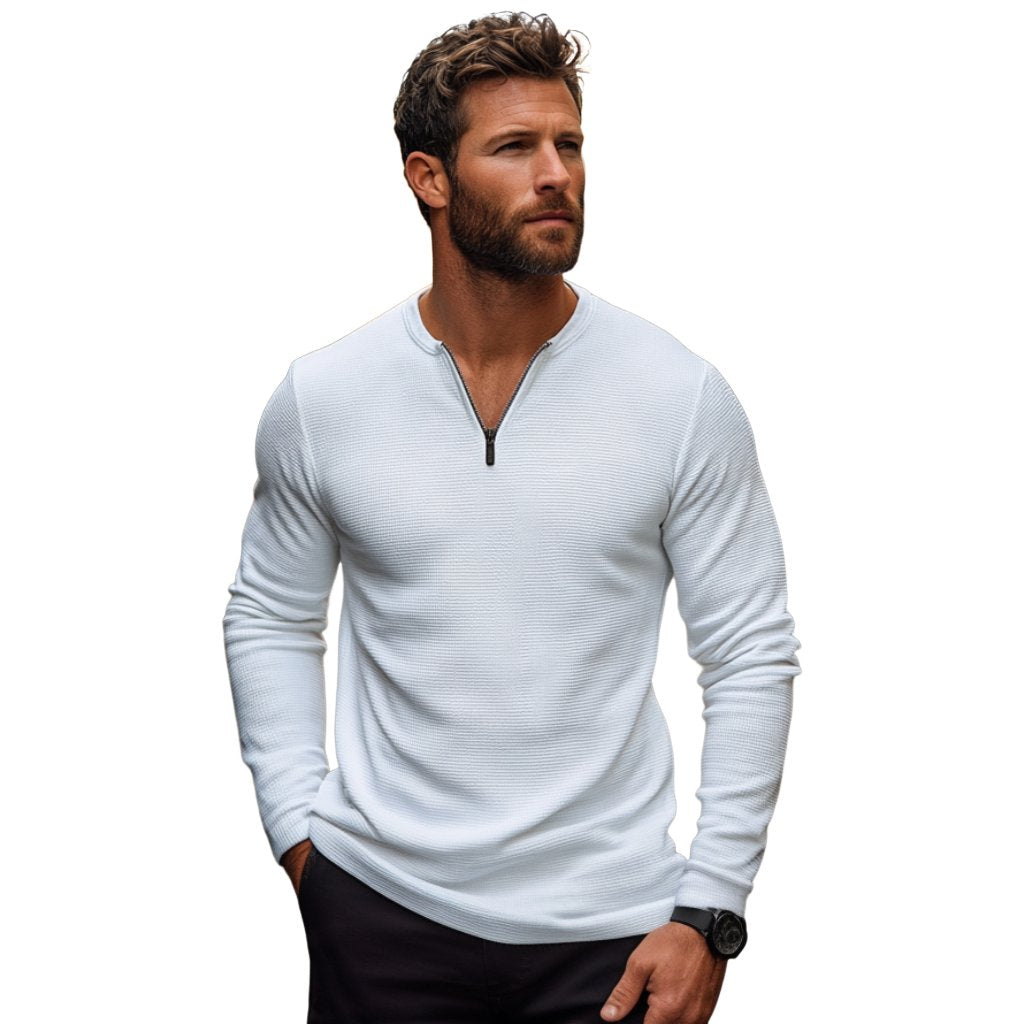 Men's Casual Waffle Zipper Collar Slim Fit Long Sleeve T-Shirt 9274167525560