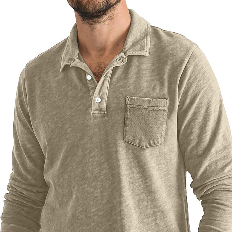 Men's Solid Color Lapel Long Sleeve Chest Pocket Casual Polo Shirt 9873520033976