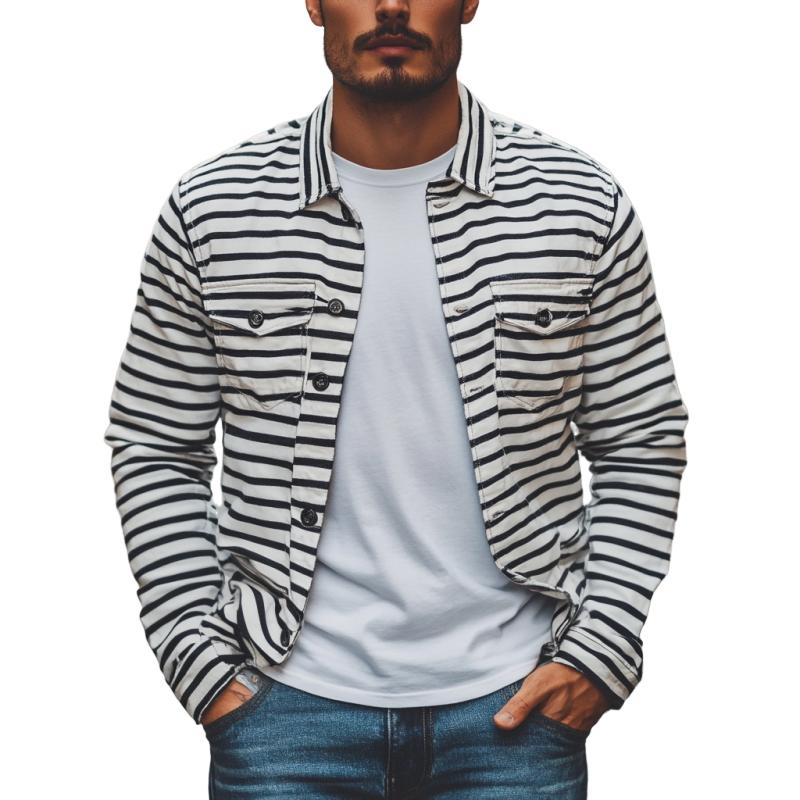 Men's Fashion Striped Lapel Long Sleeve Cargo Shirt 9260833865912
