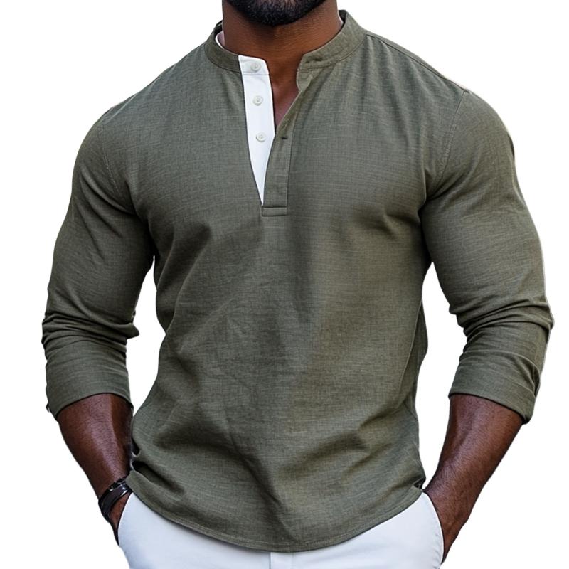 Men's Retro Casual Colorblock Stand Collar Long Sleeve Shirt 9873517740216