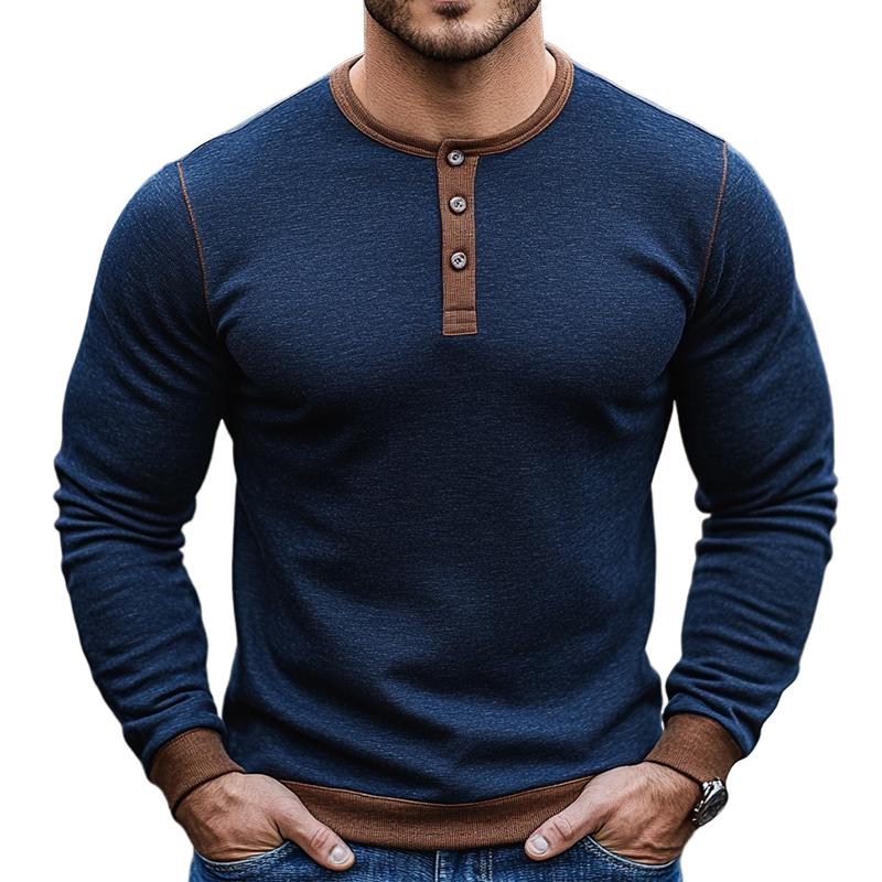 Men's Retro Casual Colorblock Henley Collar Long Sleeve T-Shirt 9873517609144