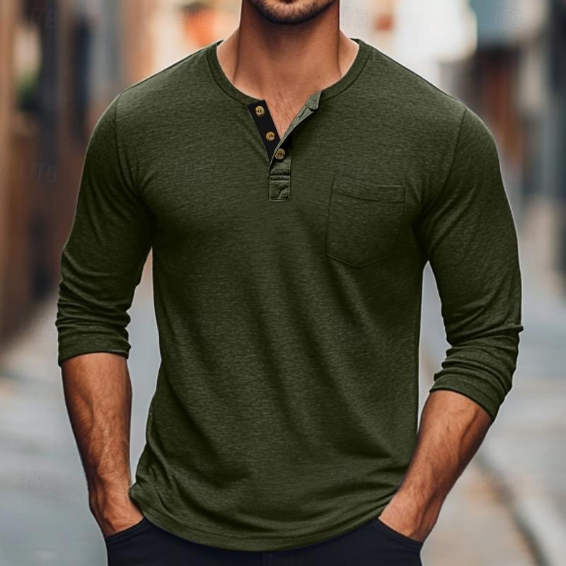 Men's Solid Color Button Round Neck Long Sleeve T-Shirt 9261142900920