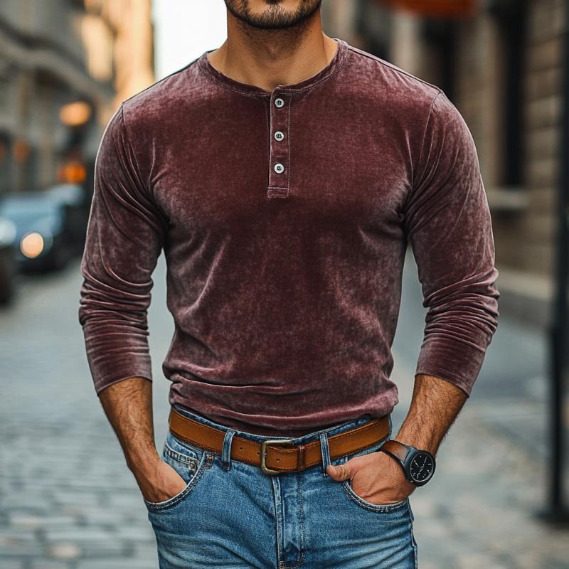 Men's Vintage Velvet Henley Collar Slim Fit Long Sleeve T-Shirt 9272244306104