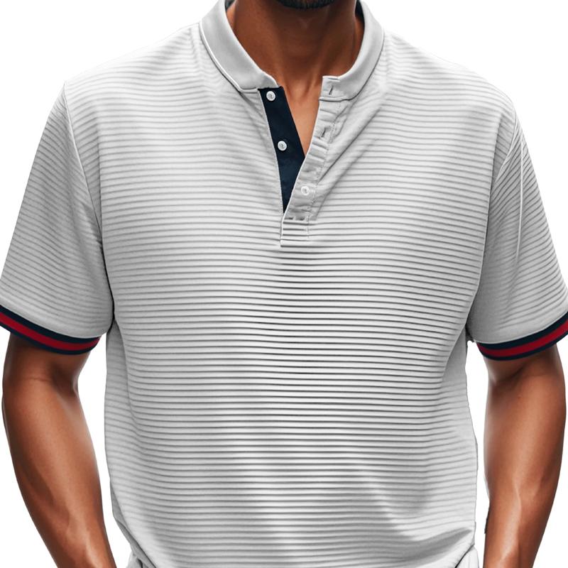 Men's Solid Color Striped Henley Collar Short Sleeve T-shirt 9873520099512