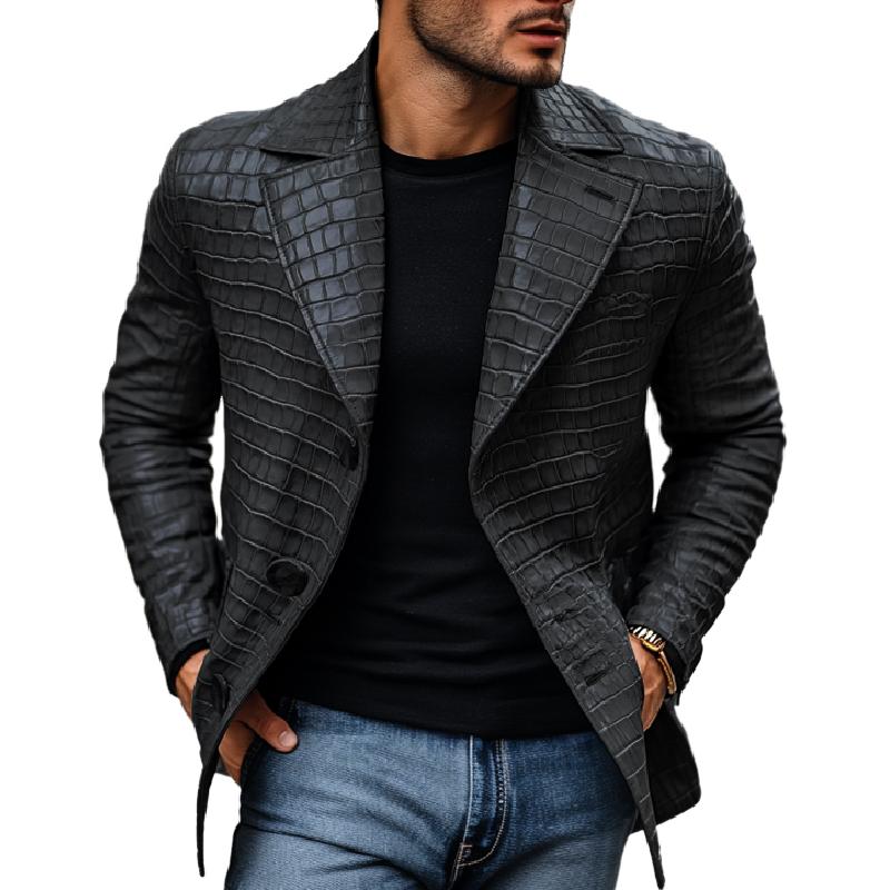 Men's Vintage Stone Pattern Leather Notched Lapel Slim Fit Blazer 9268190019768