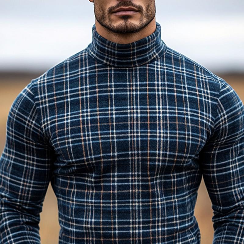 Men's Vintage Checked High Collar Long Sleeve Casual T-shirt 9884640510136