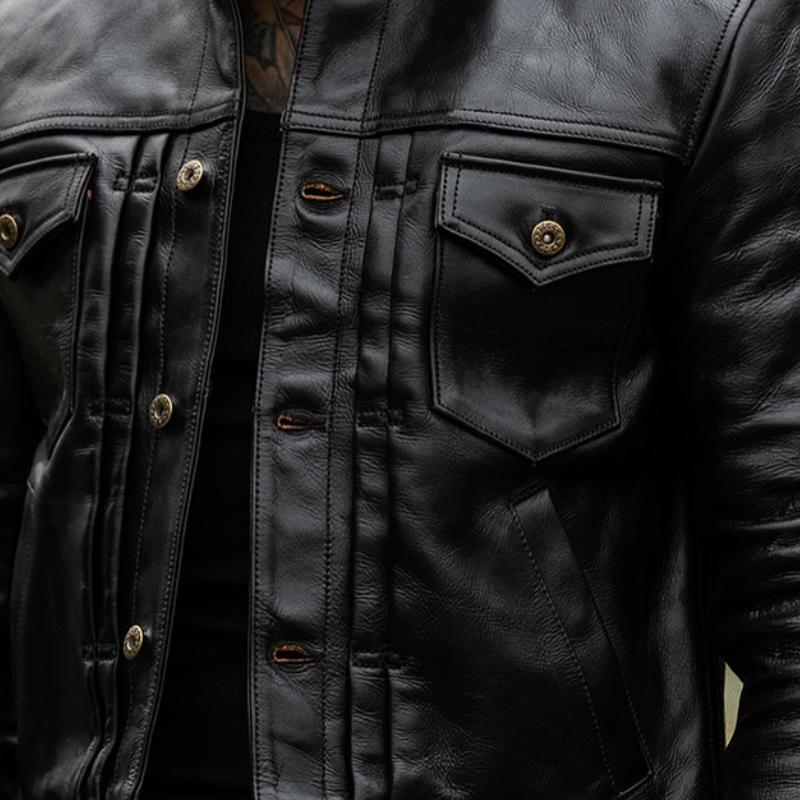 Men's Fashion Vintage Double Chest Pocket Short Leather Jacket 9882785382584