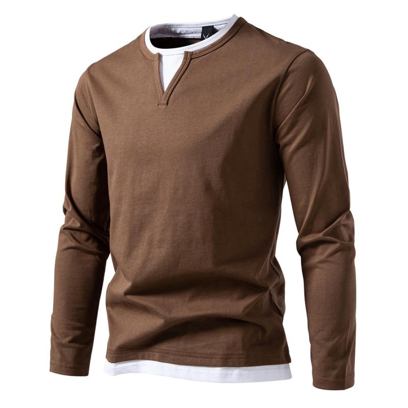 Men's Casual Color Matching Fake Two-Piece Double-Layer V-Neck Long-Sleeved T-Shirt 9268189003960