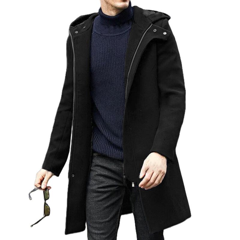 Men's Fashion Solid Color Hooded Zipper Mid-length Coat 9261105086648
