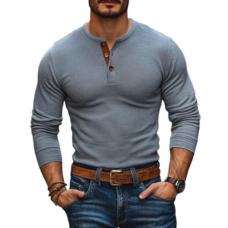Men's Casual Waffle Henley Neck Slim Fit Long Sleeve T-Shirt 9260832915640