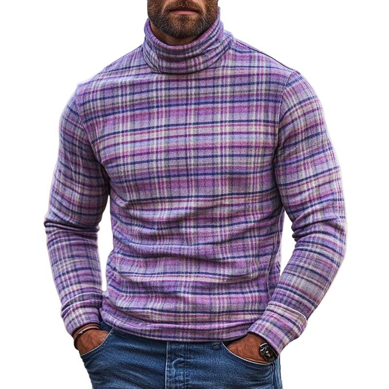 Men's Vintage Checked High Collar Long Sleeve Casual T-shirt 9884640575672